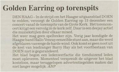 PZC newspaper article Golden Earring op torenspits November 30 1996